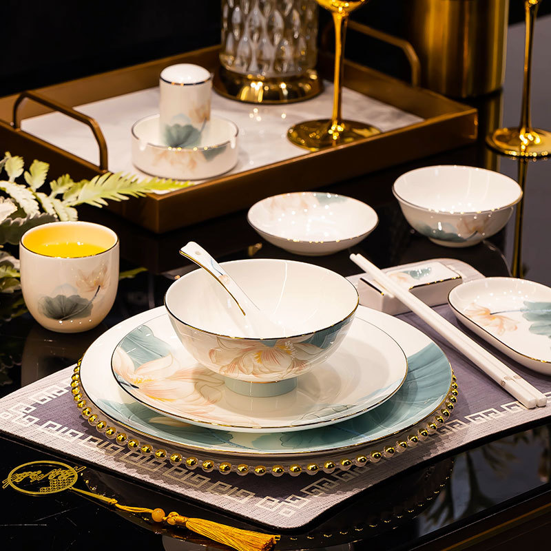 景德镇骨瓷釉下彩碗具摆台套装中式陶瓷餐具家用高档酒店会所招待