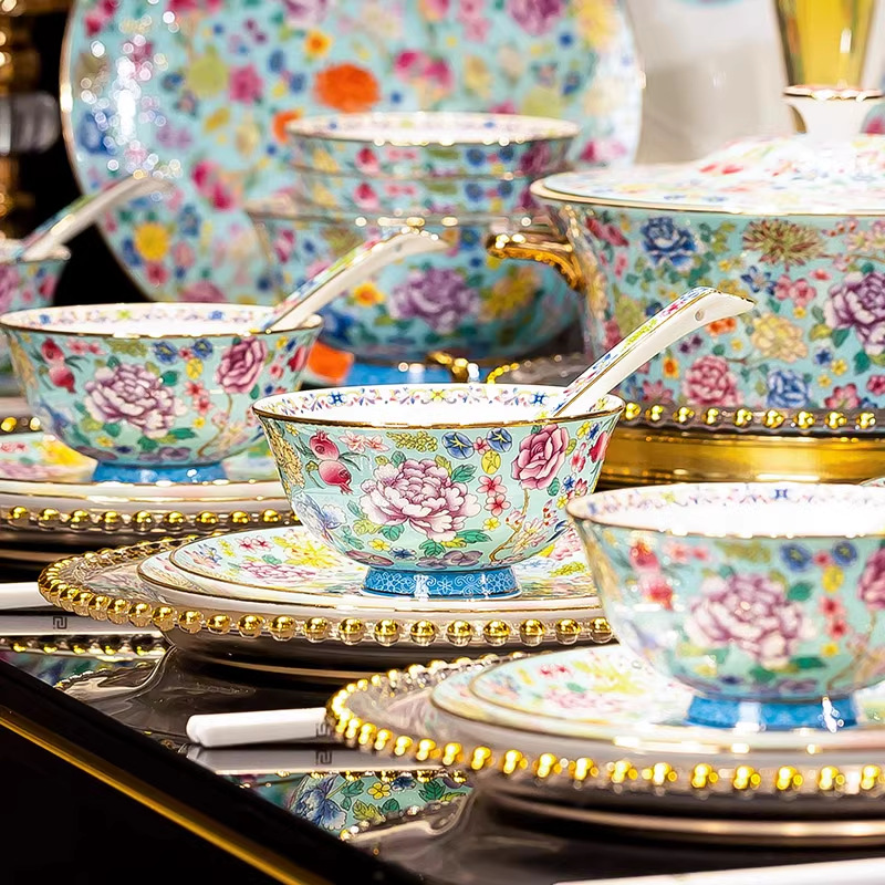 高端中式餐具套装景德镇珐琅彩陶瓷碗碟家用高档骨瓷乔迁新居碗盘